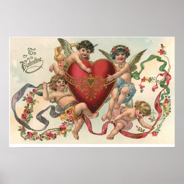 Vintage Victorian Valentines, Cherubs Angels Heart Poster (Front)
