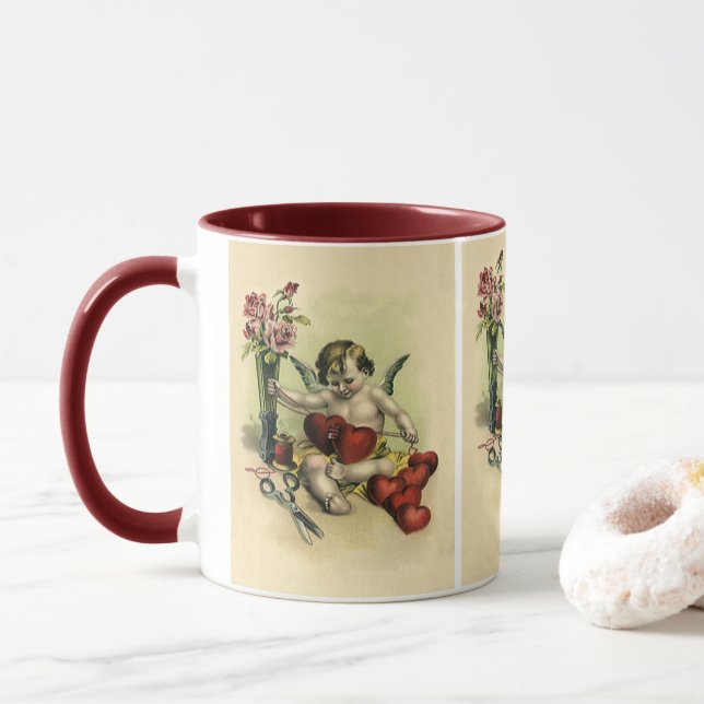 Vintage Victorian Valentine's Day Angel Seamstress Mug (With Donut)