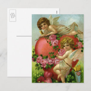 Vintage Victorian Valentines Day Angels Heart Rose Holiday Postcard