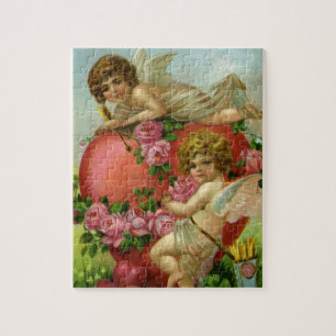Vintage Victorian Valentines Day Angels Heart Rose Jigsaw Puzzle