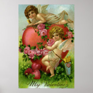 Vintage Victorian Valentines Day Angels Heart Rose Poster
