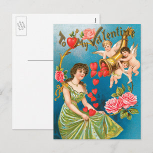 Vintage Victorian Valentine's Day Angels & Hearts Holiday Postcard