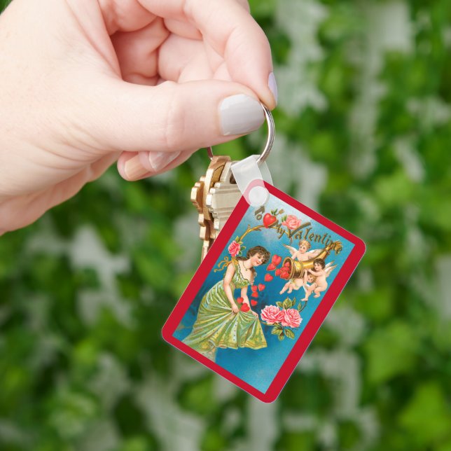 Vintage Victorian Valentine's Day Angels & Hearts Keychain (Hand)