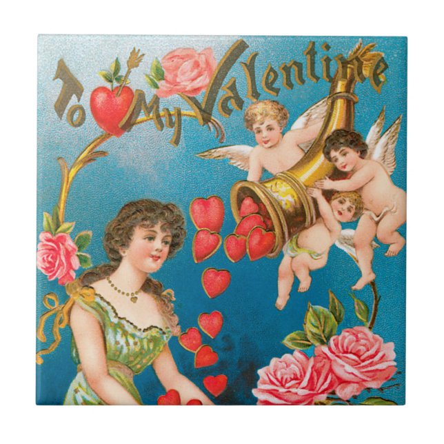 Vintage Victorian Valentine's Day Angels & Hearts Tile (Front)