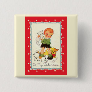 Vintage Victorian Valentines Day Boy, Cat and Dogs 2 Inch Square Button