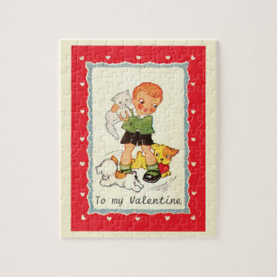 Vintage Victorian Valentines Day Boy, Cat and Dogs Jigsaw Puzzle