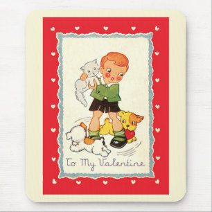 Vintage Victorian Valentines Day Boy, Cat and Dogs Mouse Pad