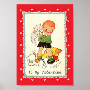 Vintage Victorian Valentines Day Boy, Cat and Dogs Poster