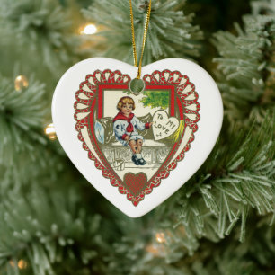 Vintage Victorian Valentine's Day, Boy in Heart Ceramic Ornament