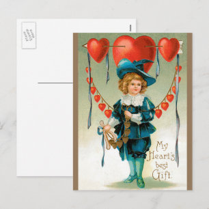 Vintage Victorian Valentines Day, Boy with Hearts Holiday Postcard