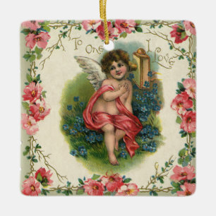 Vintage Victorian Valentine's Day Cherub on Phone Ceramic Ornament
