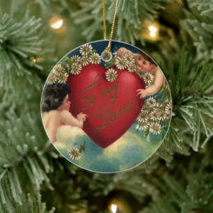 Vintage Victorian Valentines Day Cherubs in Heaven Ceramic Ornament