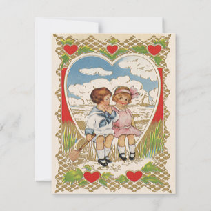 Vintage Victorian Valentines Day Children in Heart Holiday Card