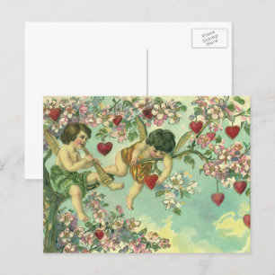Vintage Victorian Valentines Day Cupids Heart Tree Holiday Postcard