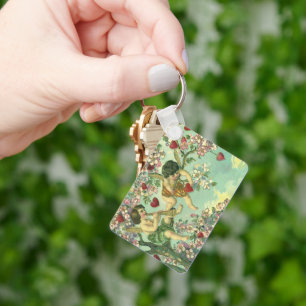 Vintage Victorian Valentines Day Cupids Heart Tree Keychain