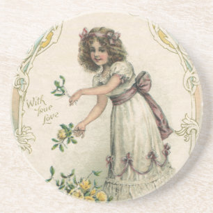 Vintage Victorian Valentine's Day, Girl with Roses Coaster