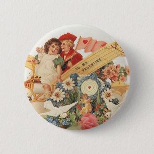 Vintage Victorian Valentines Day, Kids in Airplane 2 Inch Round Button
