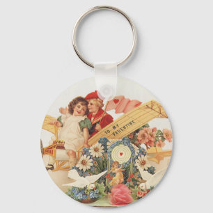 Vintage Victorian Valentines Day, Kids in Airplane Keychain