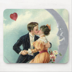 Vintage Victorian Valentine's Day Kiss on the Moon Mouse Pad
