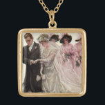 Vintage Victorian Wedding Ceremony Bride and Groom Gold Plated Necklace<br><div class="desc">Vintage illustration love and romance Victorian wedding ceremony image with the bride and groom getting married.  The newlyweds are kneeling on a pillow and the bridesmaids are wearing elegant fancy hats with feathers and holding bouquets of flowers. Artist: Harrison Fisher,  titled The Wedding.</div>
