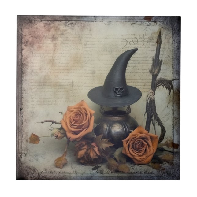 Vintage Victorian Witch Pumpkin Roses Tile (Front)