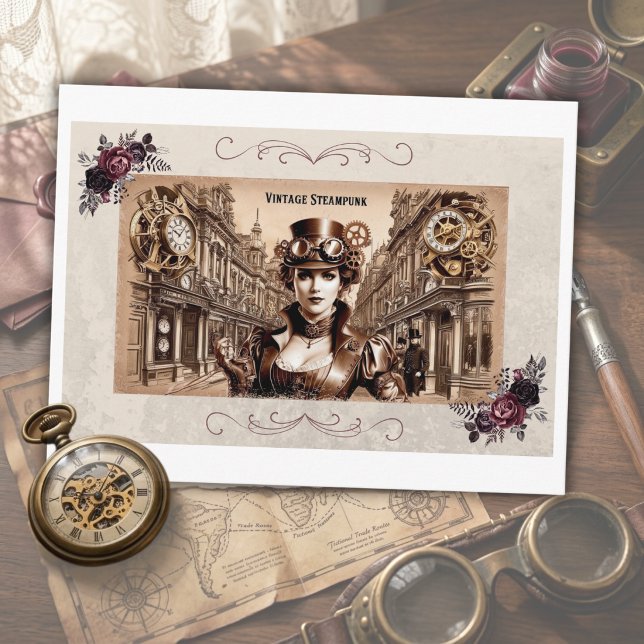 Vintage Victorian Woman Postcard (Step back and in time with a romantic vintage steampunk postcard)
