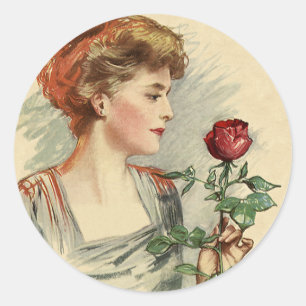 Vintage Victorian Woman Red Rose Flower Floral Classic Round Sticker
