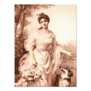 Vintage Victorian Woman w Border Collie Dog Retro Photo Print