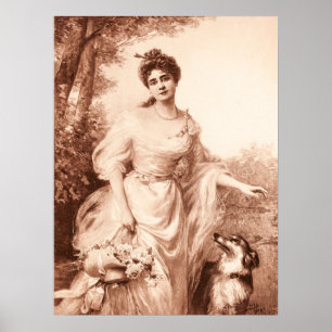 Vintage Victorian Woman w Border Collie Dog Retro Poster