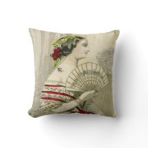Vintage Victorian Woman with Fan Throw Pillow