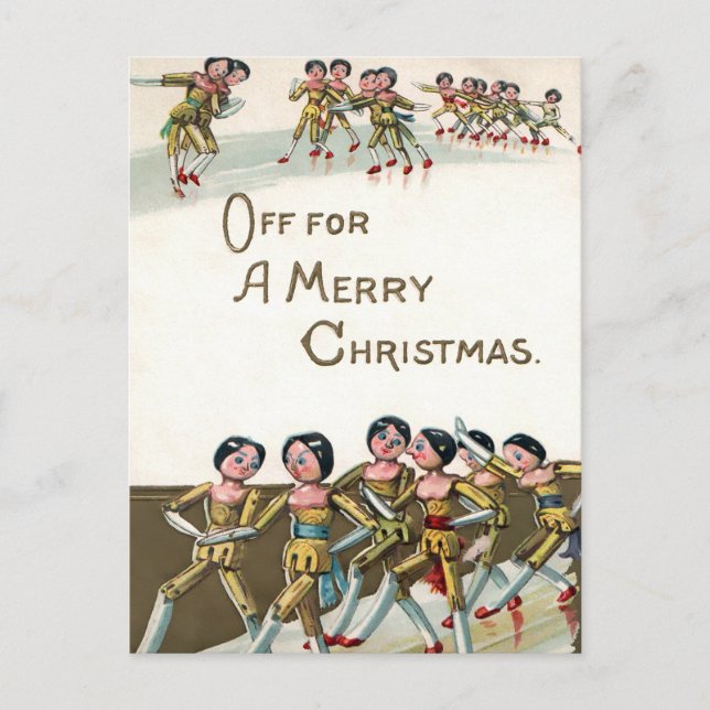 Vintage Victorian Wooden Dolls Merry Christmas Postcard (Front)
