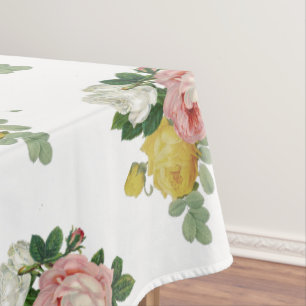 Vintage Victorian Yellow Pink White Rose Pattern Tablecloth