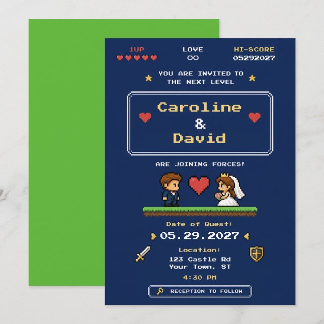 Vintage Video Game Pixel Art Wedding Invitation (Front/Back)