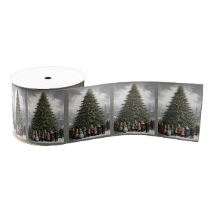 Vintage village Christmas tree gathering Grosgrain Ribbon