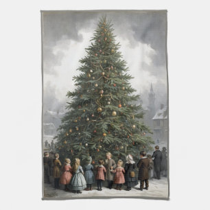Vintage village Christmas tree gathering Kitchen Towel