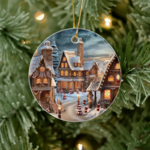 Vintage village on Christmas night Ceramic Ornament