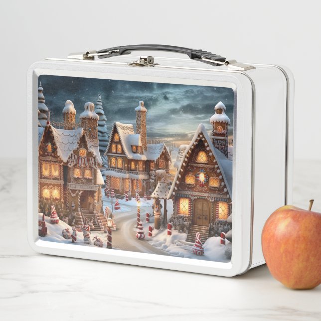 Vintage village on Christmas night Metal Lunch Box (In Situ)