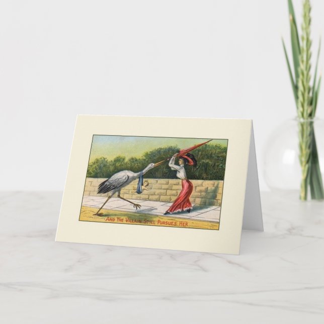 Vintage Villain Stork Whimsical New Baby Card (Front)