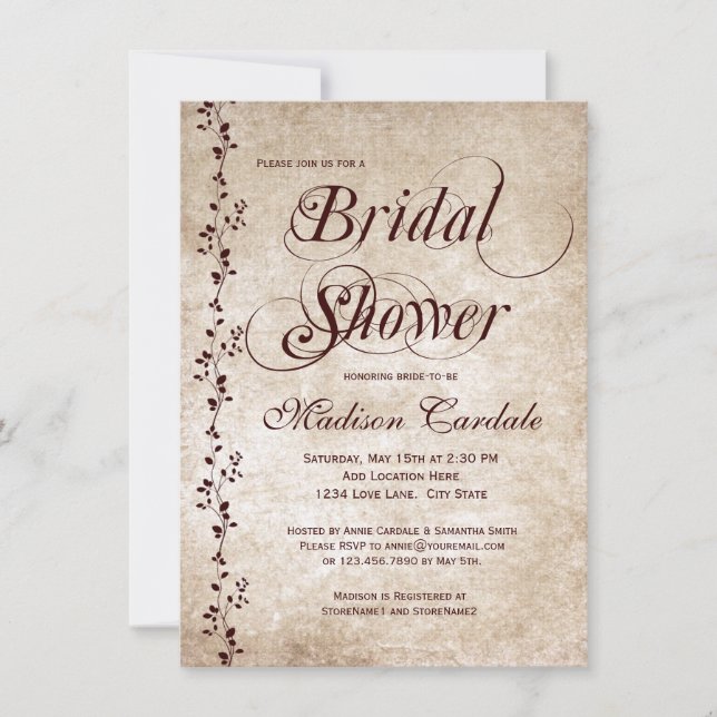 Vintage Vines Elegant Bridal Shower Invitations (Front)