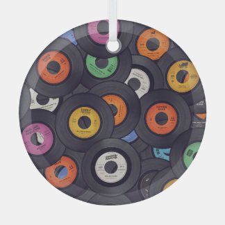 Vintage Vinyl Records Music Background Glass Ornament