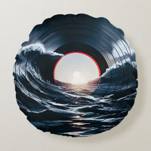 Vintage Vinyl Surf Wave Ocean Retro Music Round Pillow