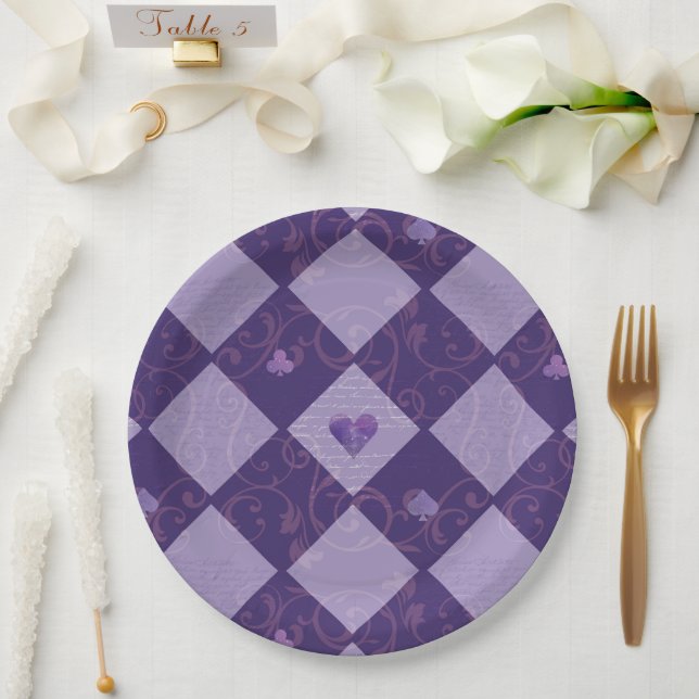 Vintage Violet Chequerboard & Playing Card Suits Paper Plate (Wedding)
