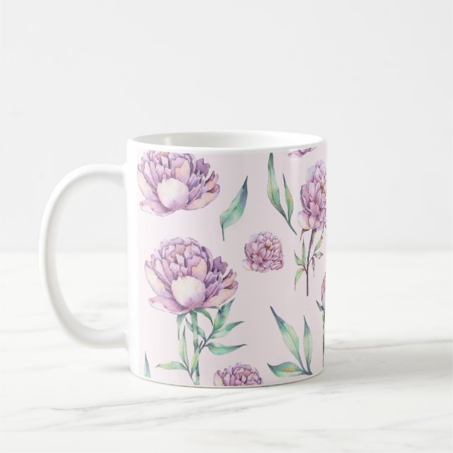 Vintage Violet Peony Flowers Seamless Pattern Coffee Mug (Left)