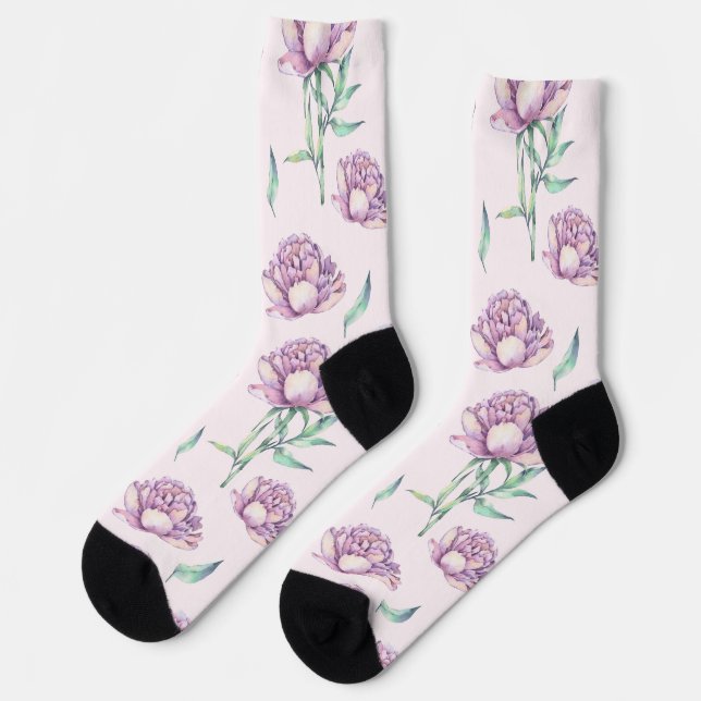 Vintage Violet Peony Flowers Seamless Pattern Socks (Left)