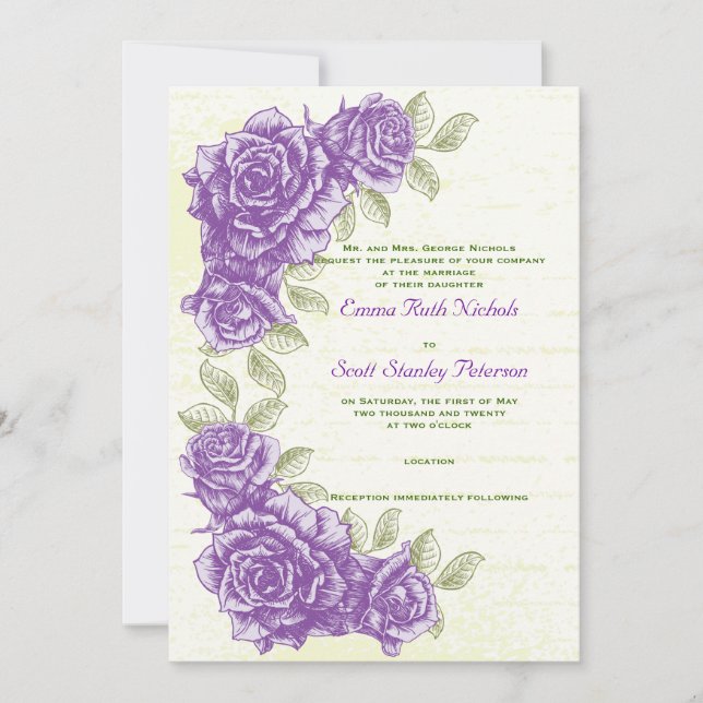 Vintage violet roses invitation de mariage personn (Devant)