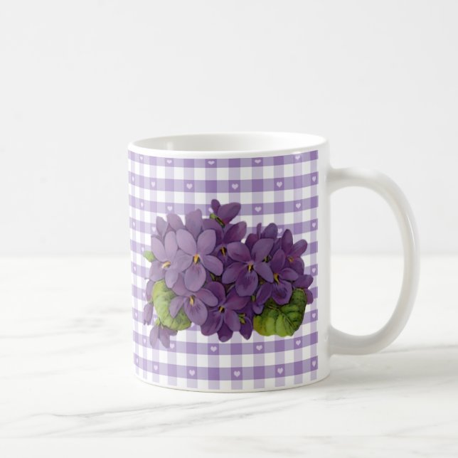 Vintage Violets on Gingham With Hearts Coffee Mug (Right)