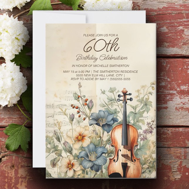 Vintage Violin Dusty Blue Flowers 60th Birthday Invitation (Vintage violin 60th birthday party invitation for women.)