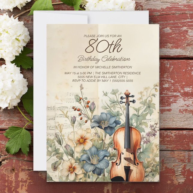 Vintage Violin Dusty Blue Flowers 80th Birthday Invitation (Women's 80th birthday party invitation with a beautiful violin sitting among dusty blue flowers)
