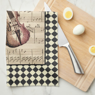Vintage Violin Harlequin Border Kitchen Towel