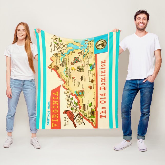 Vintage Virginia Map Postcard Fleece Blanket (In Situ)